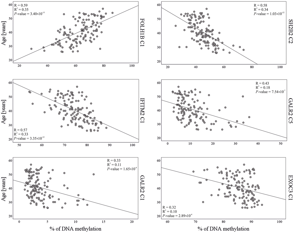 Correlation between DNA methylation and chronological age in the model training dataset (N = 125) for six CpG sites included in the final age prediction model for semen.