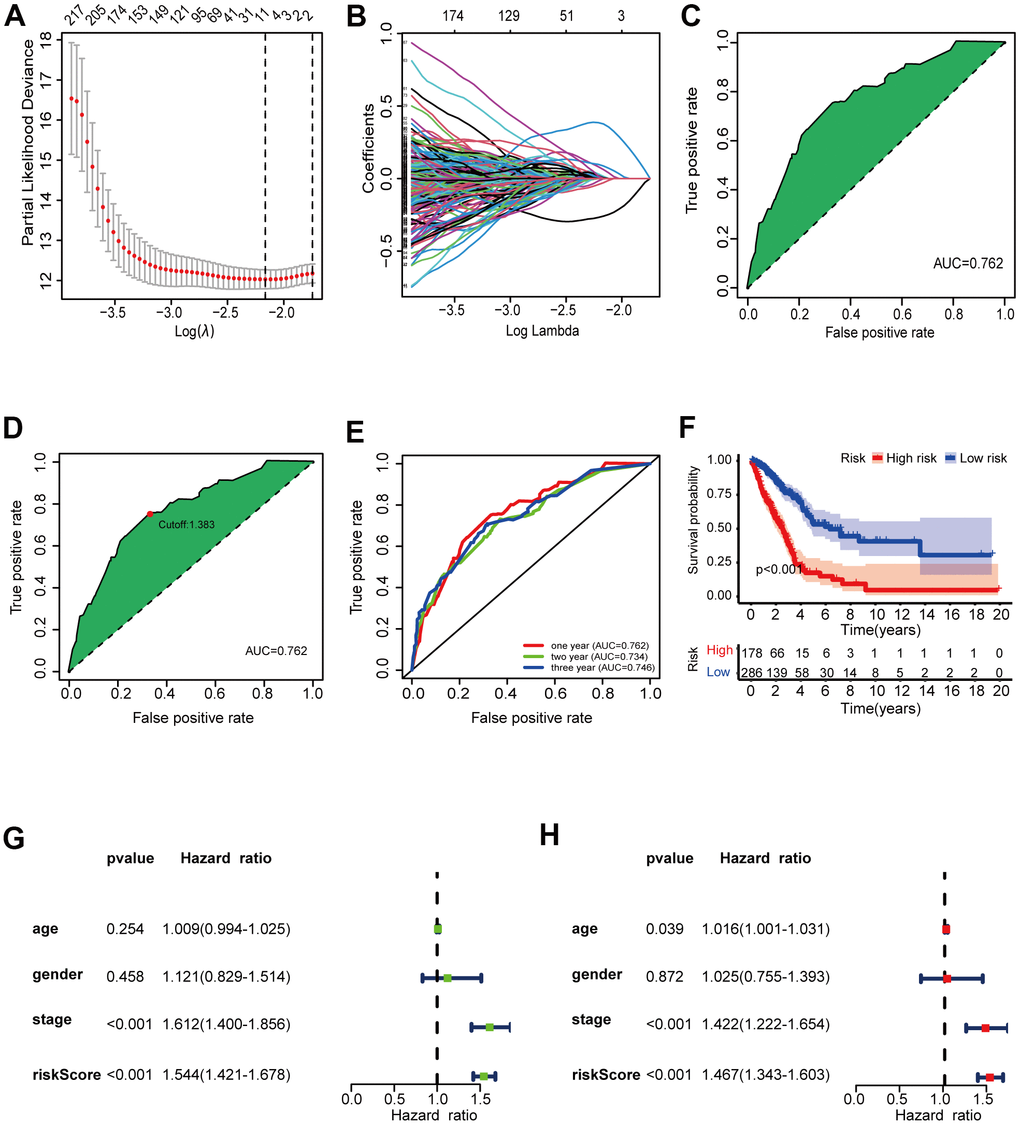 Validation of the 6-DEirlncRNA pair signature. (A, B) The modified LASSO penalized regression analysis identified eight DEirlncRNA pairs most related to prognostics. (C, D) The ROC showed the optimal cut-off point based on AIC value. (E) The 1-, 2-, 3-year AUC values were >0.7. (F) High-risk patients exhibited worse OS than the low-risk patients. (G, H) Univariate (G) and multivariate (H) Cox regression analysis of risk score, age, sex, and tumor-node-metastasis (TNM) stage indicating that risk score (HR = 1.467 [1.343–1.603], p p 