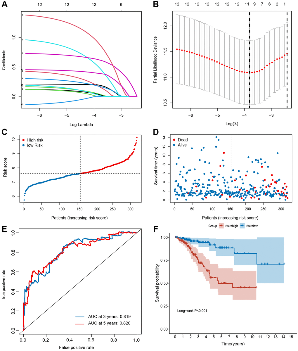 Establishment of ferroptosis-related gene signature in TCGA set. (A and B) The LASSO regression analysis and partial likelihood deviance of the 12 prognosis-associated FRGs. (C) The ranked dot plot indicates the risk score distribution. (D) Scatter plot illustrates the patients’ survival status. (E) ROC curve of 10-FRG signature. (F) Kaplan-Meier method was used to plot the RFS curve for the high-risk and low-risk score groups.