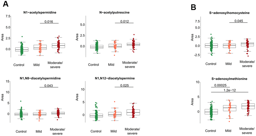 Acetylated polyamine derivatives and associated metabolites in cancer patients with different levels of Covid-19 severity. Acetylated polyamine derivatives were identified by targeted metabolomics data (A). S-adenosylhomocysteine and S-adenosylmethionine are shown (B). All data represent the normalized areas of mass spectrometric peaks and were analyzed by non-parametric unpaired Wilcoxon test (Mann–Whitney) for each two-group comparison. The black bar of the figure indicates the p-value.