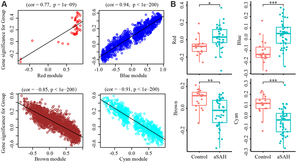 Gene Significance (GS) and module membership (MM) were calculated with Pearson correlation analysis. (A) The GS and MM are highly correlated in red (cor = 0.77, P = 1e-09), blue (cor = 0.94, P = 1e-200), brown (cor = -0.85, P = 1e-200) and cyan (cor = -0.91, P = 1e-200) module, indicated that the red and blue module contain genes that have high positive correlation with aSAH while the brown and cyan module contain genes that high negative correlations with aSAH. (B) The GS of aSAH group in red (*: p 