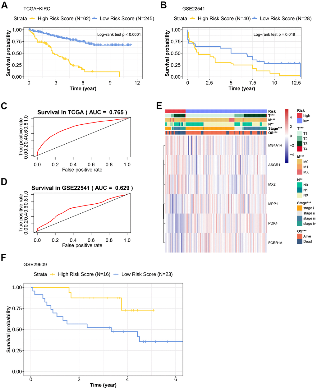 Prognostic efficacy evaluation of risk scoring model and external data verification. (A) Kaplan-Meier overall survival curve of patients in the TCGA-KIRC cohort. The abscissa axis represents survival time; the ordinate axis represents survival probability. The survival curves of different colors represent different risk score subgroups. (B) Kaplan-Meier overall survival curve of patients in the GSE22541 cohort. The abscissa axis represents survival time; the ordinate axis represents survival probability. The survival curves of different colors represent different risk score subgroups. (C) The predictive efficiency of the risk scoring model in the TCGA-KIRC cohort (AUC= 0.765). The abscissa axis represents false positive rate; the ordinate axis represents true positive rate. (D) The predictive efficiency of the risk scoring model in the GSE22541 cohort (AUC= 0.629). The abscissa axis represents false positive rate; the ordinate axis represents true positive rate. (E) Heatmap representation of the expression levels of genes included in the KIRC scoring model of the low and the high-risk groups, and the distribution of clinicopathological characteristics in the low and high-risk groups. (F) Kaplan-Meier overall survival curve of patients with KIRC in the GSE29609 cohort. The abscissa axis represents survival time; the ordinate axis represents survival probability. The survival curves of different colors represent different risk score subgroups.