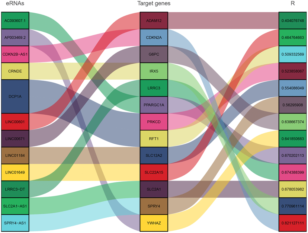 Sankey diagram showing correlation between eRNAs and target genes.