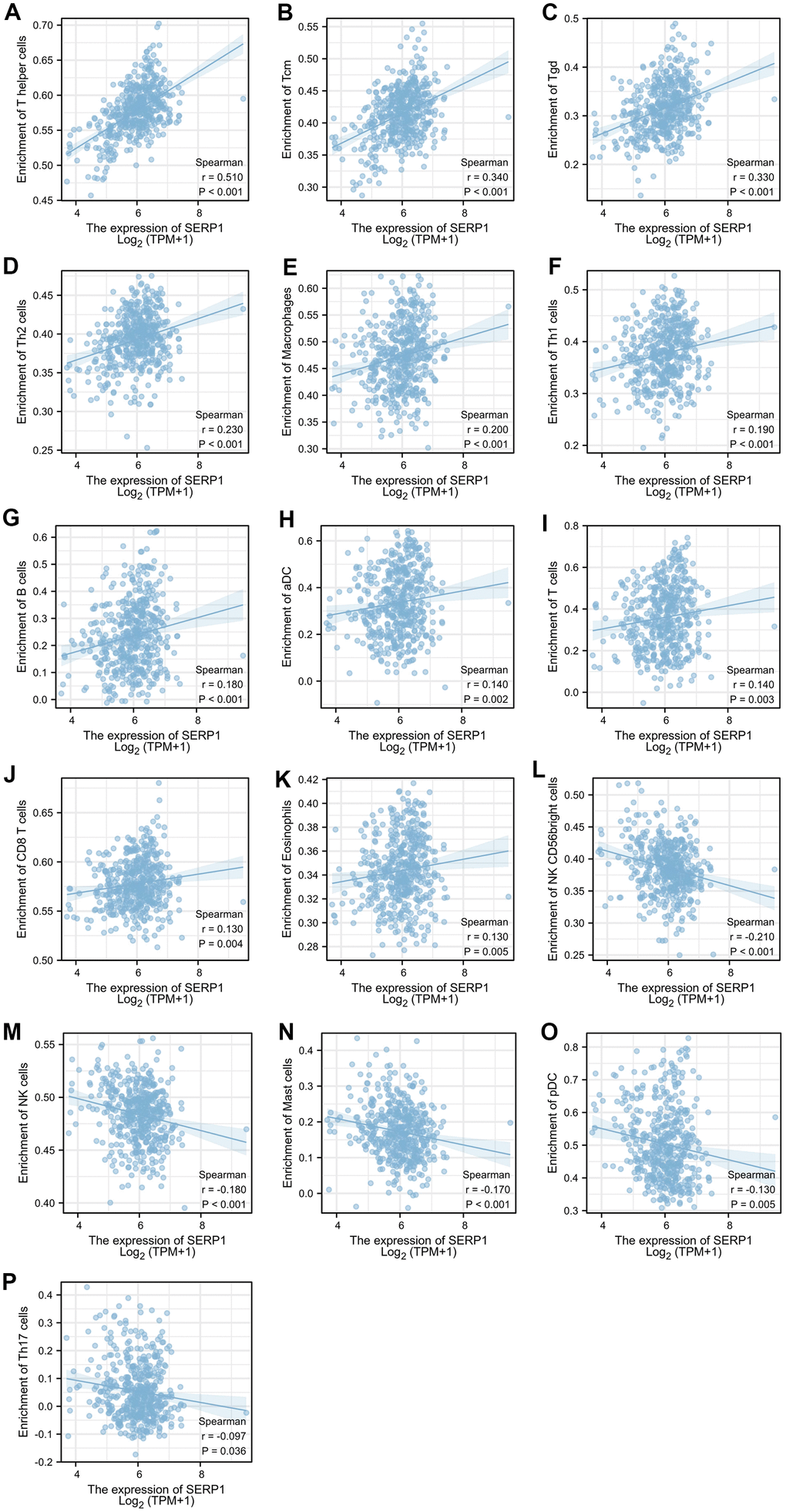 Relationship of SERP1 expression with immune cell level in SKCM. (A–P) SERP1 expression showed significant positive related to infiltrating levels of T helper cells, Tcm, Tgd, Th2 cells, Macrophages, Th1 cells, B cells, aDC, T cells, CD8 T cells, Eosinophils and significant negative related to infiltrating levels of NK CD56 bright cells, NK cells, Mast cells, pDC and Th17 cells.