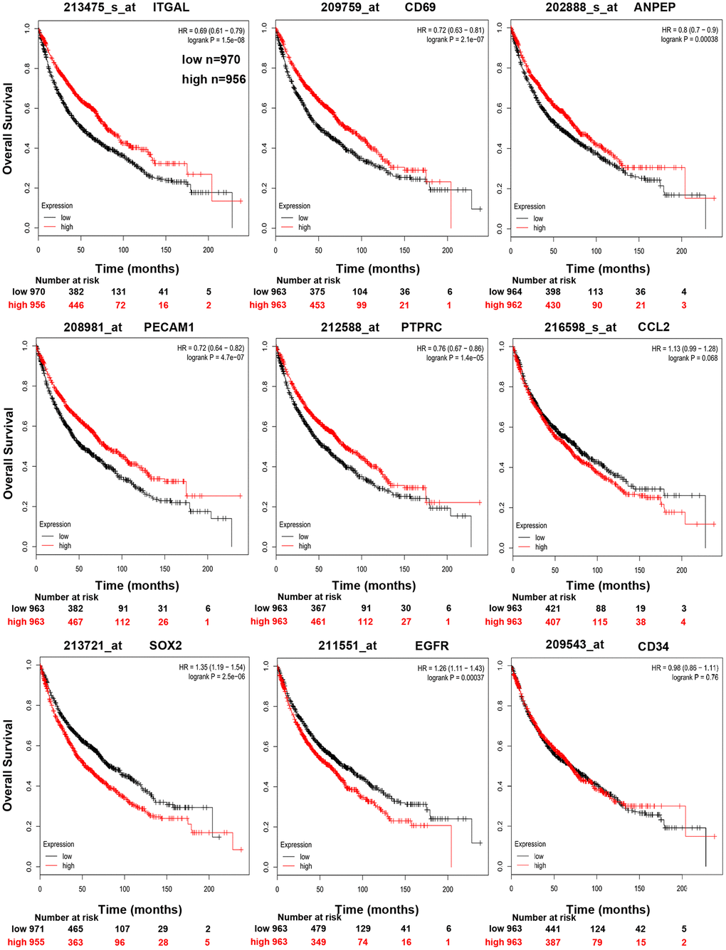 Kaplan-Meier curves displaying OS of NSCLC with high and low expression of ANPEP, CD69, ITGAL, PTPRC, CCL2, PECAM1, CD34, SOX2, and EGFR.