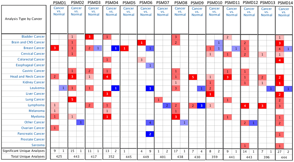 Systemic analysis of 26S proteasome delta subunit, non-ATPase (PSMD) family genes in 20 common types of cancer (Oncomine platform). Dysregulation of each PSMD individual gene in targeted cancer tissues as measured by the mRNA expression level was compared to their normal counterparts using Students’ t-test. The cutoff parameters were set as follows: p2; and gene rank in the top 10%. The quantity of datasets which met those thresholds was represented as a number inside the table cells, while colors (red or blue) indicate the trend of gene expressions (up- or downregulation, respectively) and the intensity of colors indicates the degree of abnormal expression.