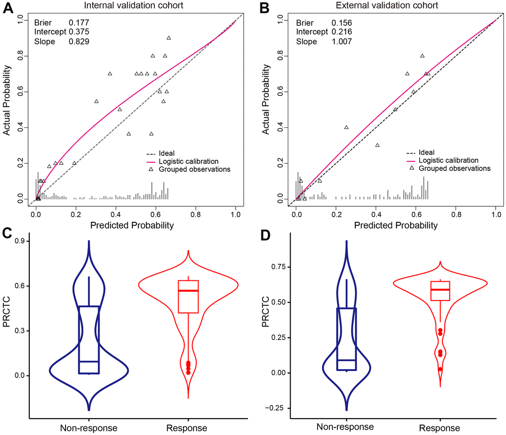 Calibration curves of PRCTC model were shown in validation cohorts. Calibration curves of PRCTC model were shown for internal validation cohort (A) and external validation cohort (B), respectively. The triangle represents the observation group. Each group contained an average of 20 observations. The dashed line is the datum line. The bottom vertical lines refer to the predicted probability distribution. The red curve is the fitted nonparametric calibration curve. PRCTC predicted probability distribution on ground-truth no-response and response patients were shown in internal validation (C) and external validation cohort (D), respectively. Abbreviations: PRCTC, prediction of response to corticosteroid therapy in COVID-19 patients.