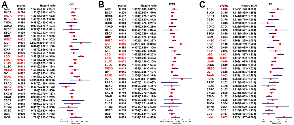 Prognostic significance of NUP37 for OS, DSS, and PFI of patients. The uniCox results of NUP37 in pan-cancer for OS (A), DSS (B), and PFI (C) of patients. Red color represents significant results (p 