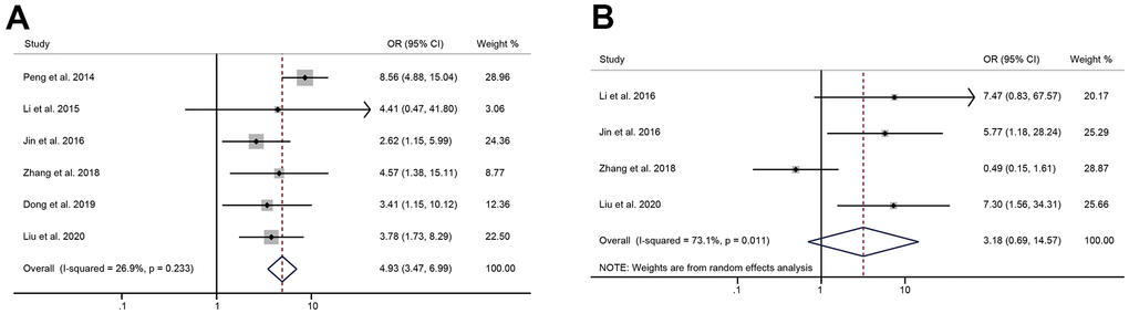 The correlation between HULC expression level and metastasis. (A) The forest plot of ORs for the correlation between HULC expression and lymphatic node metastasis in patients with digestive system tumors; (B) The forest plot of ORs for the correlation between HULC expression and distant metastasis in patients with digestive system tumors.