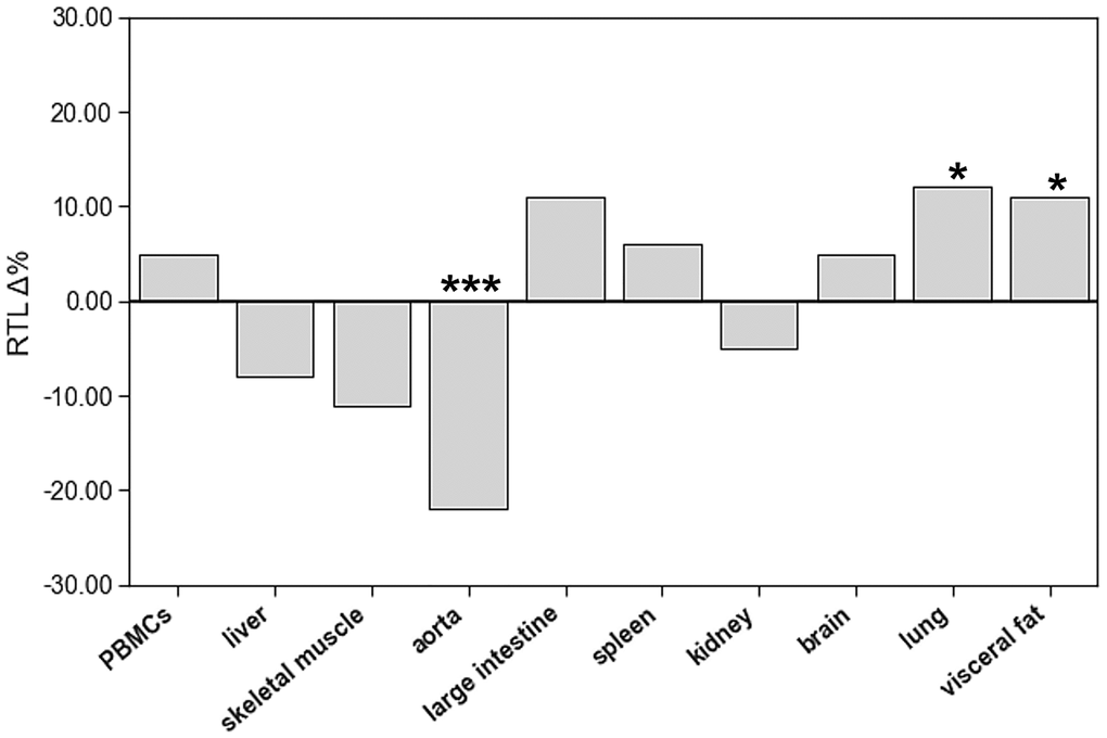 The impact of age on relative telomere length (RTL) of different tissue types. The boxes represent the delta% variation of RTL in adults compared to young. *p ***p 