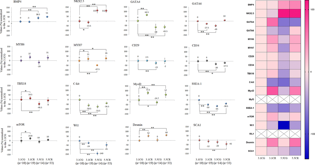 Expression of CPC- and CSC-related markers. cDNA was obtained from WHT with a Takara RR047Q kit. qPCR was conducted with 100 ng of target DNA. Significant differences in gene expression between groups are expressed as percentage (%) values. For each gene expressed as %, the 3.1CG value was set to 0, and the values of the compared samples were normalized to this level. Positive % values represent upregulation. Negative values represent downregulation. Each marker was analyzed with SYBR Green fluorescence detection, and the transcript levels of the markers were normalized to those of the endogenous control 18S rRNA. The data are the mean ± SD. *P **P Figure 8. The right bar depicts the colors for upregulation and downregulation expressed as percentages.