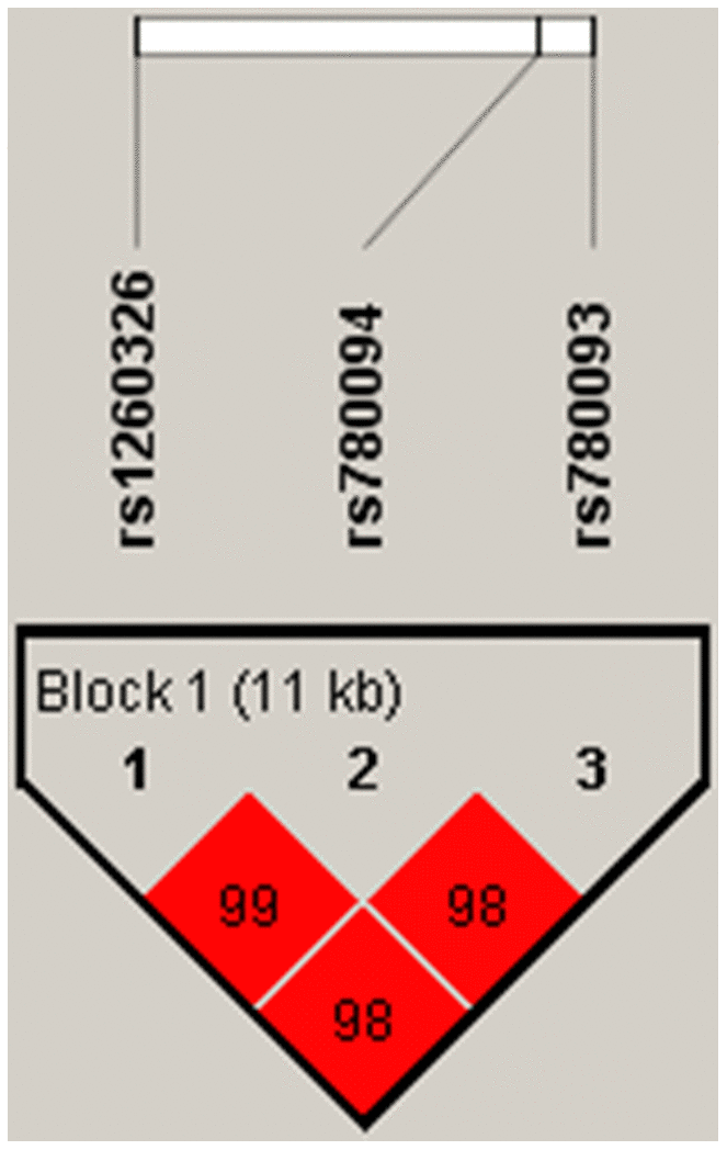 Linkage disequilibrium plot between SNPs. The number in each square is r2*100 between two SNPs. As shown in the picture above rs1260326-rs780094-rs780093 was identified as a strong block with r2>0.8.