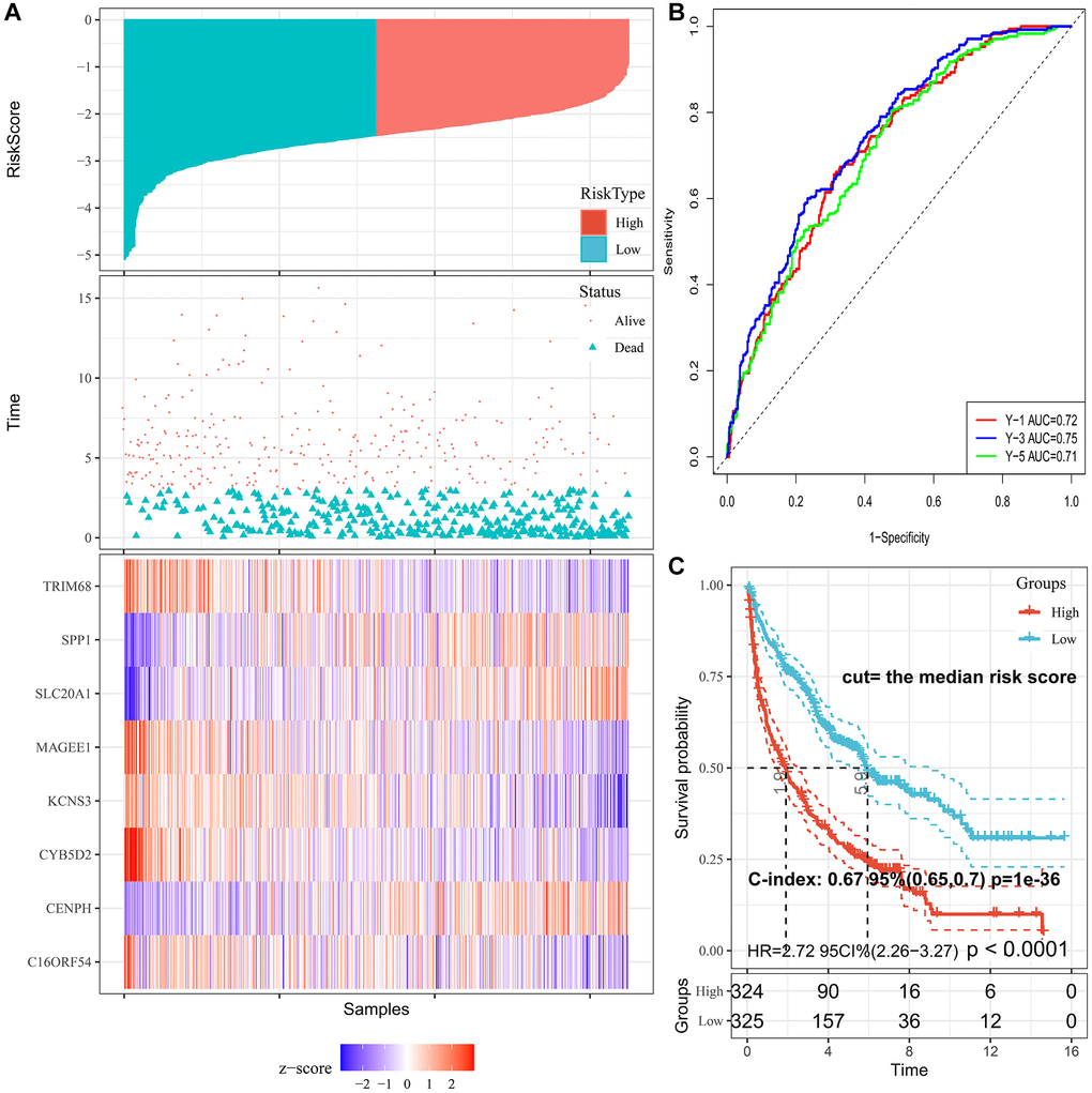 Characteristics of PRS signature in the training cohort. (A) Risk scores distribution, survival status, and gene expression patterns of patients in high- and low-risk groups in the training cohort. (B) Time-dependent ROC analysis for predicting OS. (C) Survival curves and C-index for high- and low-risk groups.