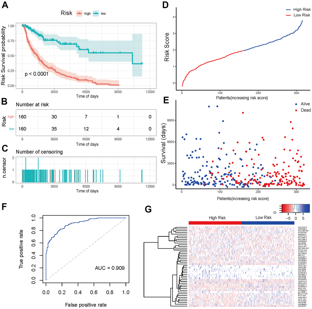 Prediction effectiveness analysis and verification of prognosis risk scoring model. (A) K-M curve of the high-risk group (red) versus low-risk group (green). (B) Sample risk table. (C) Sample censoring diagram. (D) The distribution of high-risk group (blue) and low-risk group (red) based on the risk score ranking. (E) Scatter plots of survival duration and status of high-risk group and low-risk group. The horizontal axis was the sample, and the vertical axis was the survival time. The blue dots represented survival and red represented death, respectively. (F) The ROC curve of the training sets. The grey dotted line was the random line, the blue curve was the AUC curve. (G) The heat map of lncRNAs expression in high- and low-risk groups. The red and blue bars represented the low-risk group and the high-risk group. And the evolution from red to blue represented the expression level of genes. The bluer zones indicated higher expression while the redder zones indicated lower expression. The horizontal coordinates of Figure 6D, 6E represented samples with increasing risk score. The 160 samples on the left were low-risk group, and the 160 samples on the right were high-risk group.