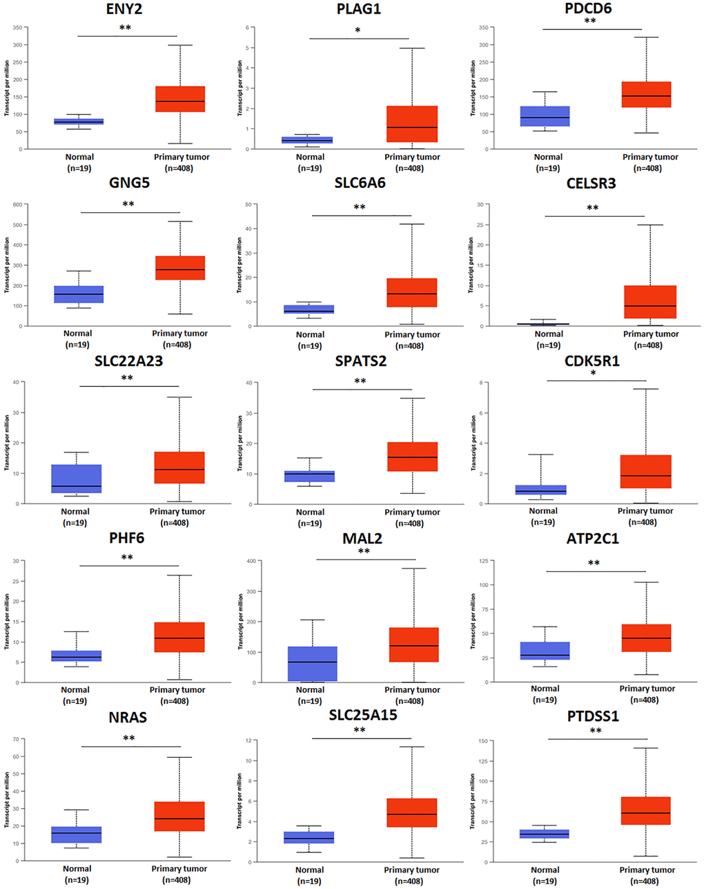 Transcriptional expression of predicted target genes of hsa-mir-183 in BLCA based on TCGA sample types. (**P *P 