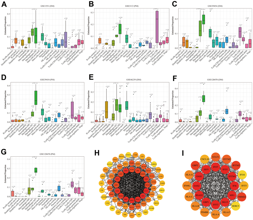 Boxplots of the proportion of 22 immune cell sorts in polymyositis (PM) and dermatomyositis (DM) and the outcomes of protein–protein interaction (PPI) network analysis. (A) GSE1551 (DM); (B) GSE3112 (PM); (C) GSE39454 (DM); (D) GSE39454 (PM); (E) GSE46239 (DM); (F) GSE128470 (DM); (G) GSE128470 (PM); (H) Results of Cytoscape plug-in CytoHubba; (I) the top significant module of Cytoscape plug-in MCODE.