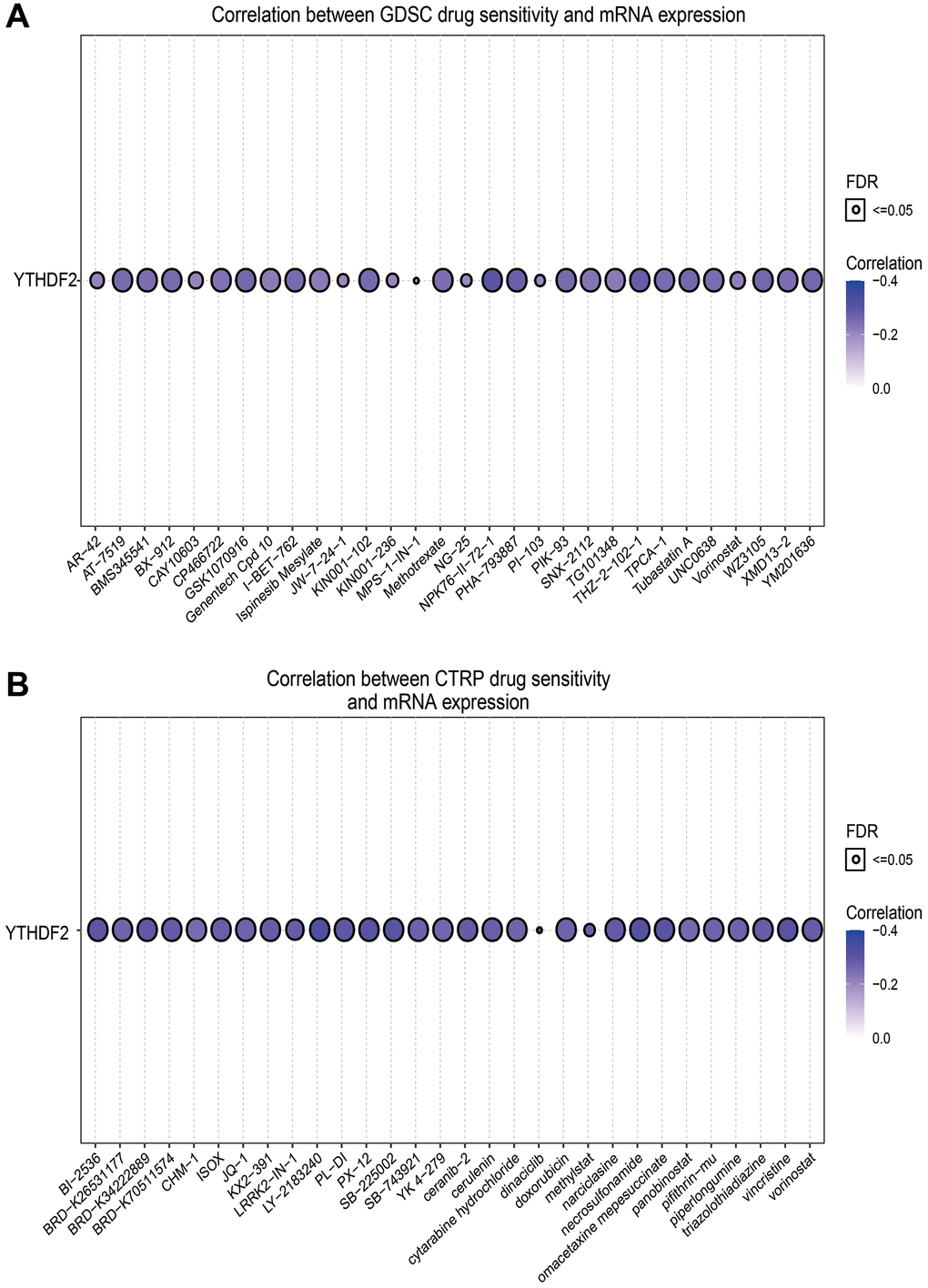 The correlation between YTHDF2 expression and drug sensitivity in LGG. (A) The correlation between the YTHDF2 expression and drug sensitivity was examined by the GDSC database. (B) The correlation between the YTHDF2 expression and drug sensitivity was examined by the CTRP database.