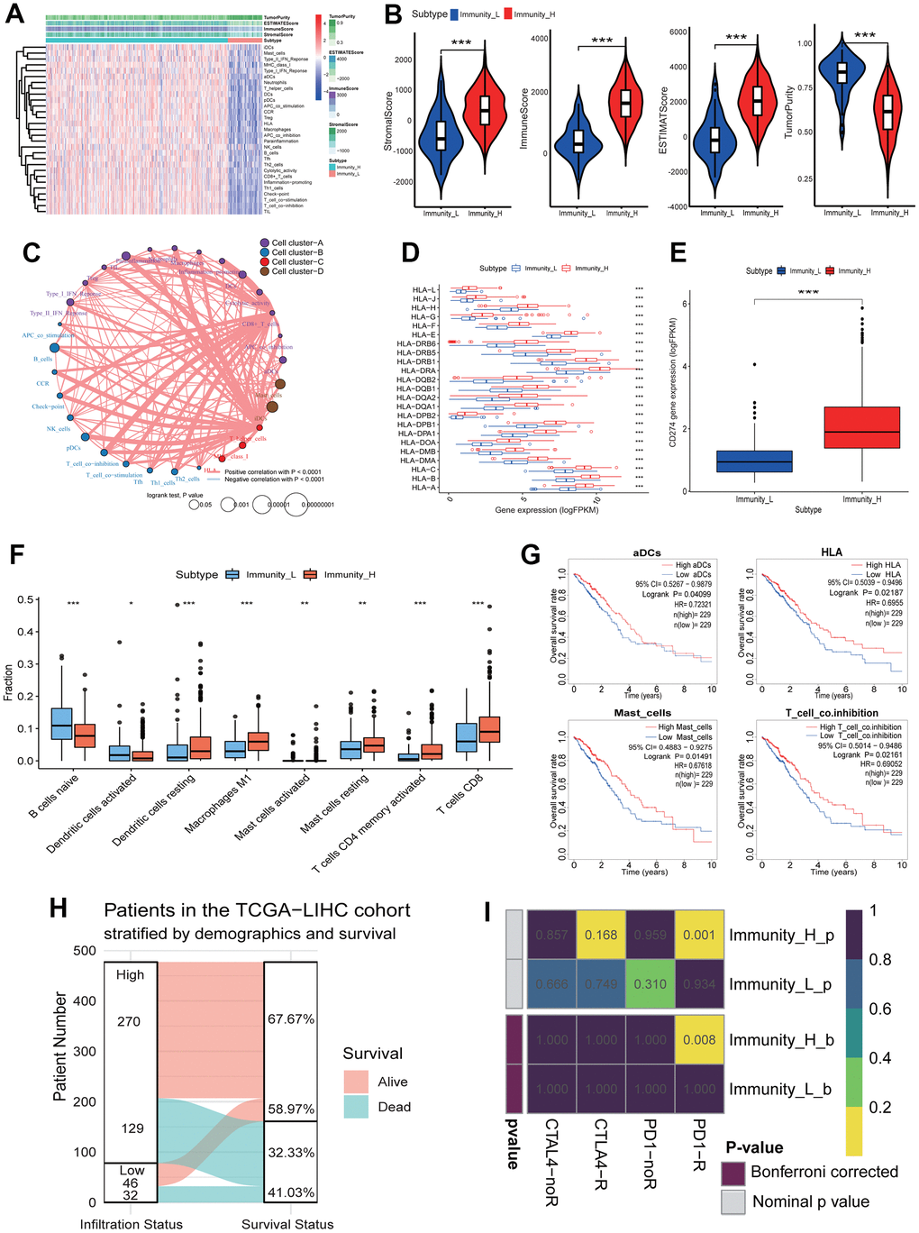 Immune landscape of LUAD and the TME characteristics. (A) Unsupervised clustering of LUAD patients from the TCGA cohort using ssGSEA scores from immune cell types. The “StromalScore” is the stromal signature that was designed to capture the presence of stroma in the tumor tissue. The “ImmuneScore” is the immune signature that aimed to represent the infiltration of immune cells in the tumor tissue. The “ESTIMATEScore” is the score combined by the stromal and immune scores. The “TumorPurity” is the tumor purity calculated by the nonlinear least squares method based on the ESTIMATEScore. The “Subtype” is the two clusters that were divided in the terms of the immune infiltration. The Immunity