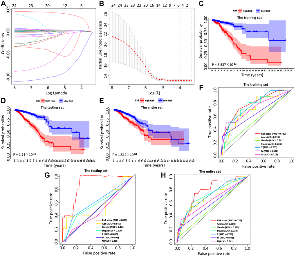 The LASSO coefficient profiles about 6 immune-related genes were shown in (A, B). The lower X-axis indicated log (λ), the upper X-axis indicated the average number of OS-related genes, and the Y-axis showed the partial likelihood deviance error. Red dots indicated the average partial likelihood deviances about the model with a given λ, the vertical bars represented the range of the partial likelihood deviance errors, and the vertical black dotted lines meant the best fit with the optimal λ values. The training set (C), the testing set (D) and the entire set (E) showed the survival curves of high-risk group and low-risk group respectively. The survival-dependent receiver operating characteristic (ROC) curves prognostic value in 1 year of the three sets were shown in the (F–H).