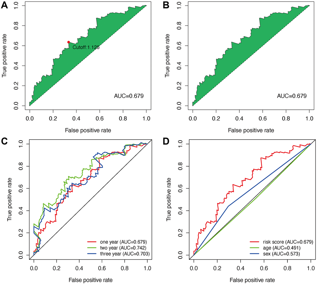 Establishment of a risk assessment model based on DEmlncRNA. The curve of each AUC value generated by ROCs of DEmlncRNAs was drawn, and the highest point of AUC was determined; The maximum inflection point is the cut-off point acquired from AIC (A and B). The 1-year, 2-year, and 3-year ROC of the optimal model showed that all AUC values exceeded 0.65 (C). Compared with other common clinical features, the 1-year ROC curves showed the superiority of the risk score against age and gender (D).