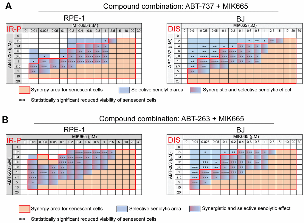 The selective MCL-1 inhibitor MIK665 augments the senolytic effects of non-selective BCL-2 inhibitors ABT-737 and ABT-263. The matrices show the selective senolytic area (blue), synergy area for senescent cells (orange), and the area with synergistic and senolytic effect (blue-orange) of tested compounds. The synergy and senolytic effect of the combination of MIK665 and ABT-737 (A) and MIK665 and ABT-263 (B) on different models of senescence are shown. IR-P – IR-induced senescence derived from proliferating cells; DIS – drug-induced senescence. The statistical analysis was carried out using the two-tailed Student's t-test; *, P > 0.05; **, P 