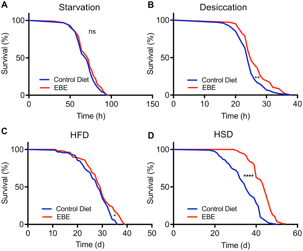 Influence of Eisenia bicyclis extracts of lifespan in response to different stressors. Lifespan of w1118 females in response to starvation (A) and desiccation (B) in control flies and those subjected to 0.05 % EBE. Lifespan of W1118 females on a high-fat diet (C) and a high sugar diet (D) (n > 100 per condition). Statistical analyses were done using a log-rank test. ns means not significant, * means p