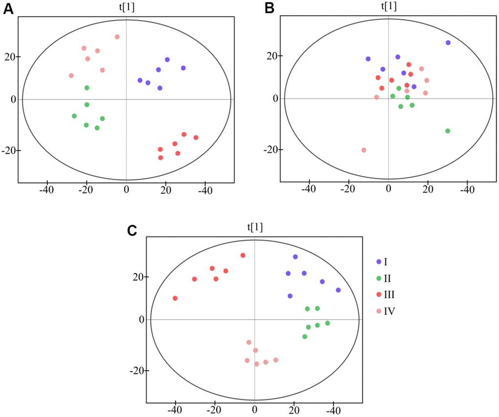 PCA scores plot based on 1H NMR spectra of different sample from four groups. (A) plasma (B) urine (C) feces.