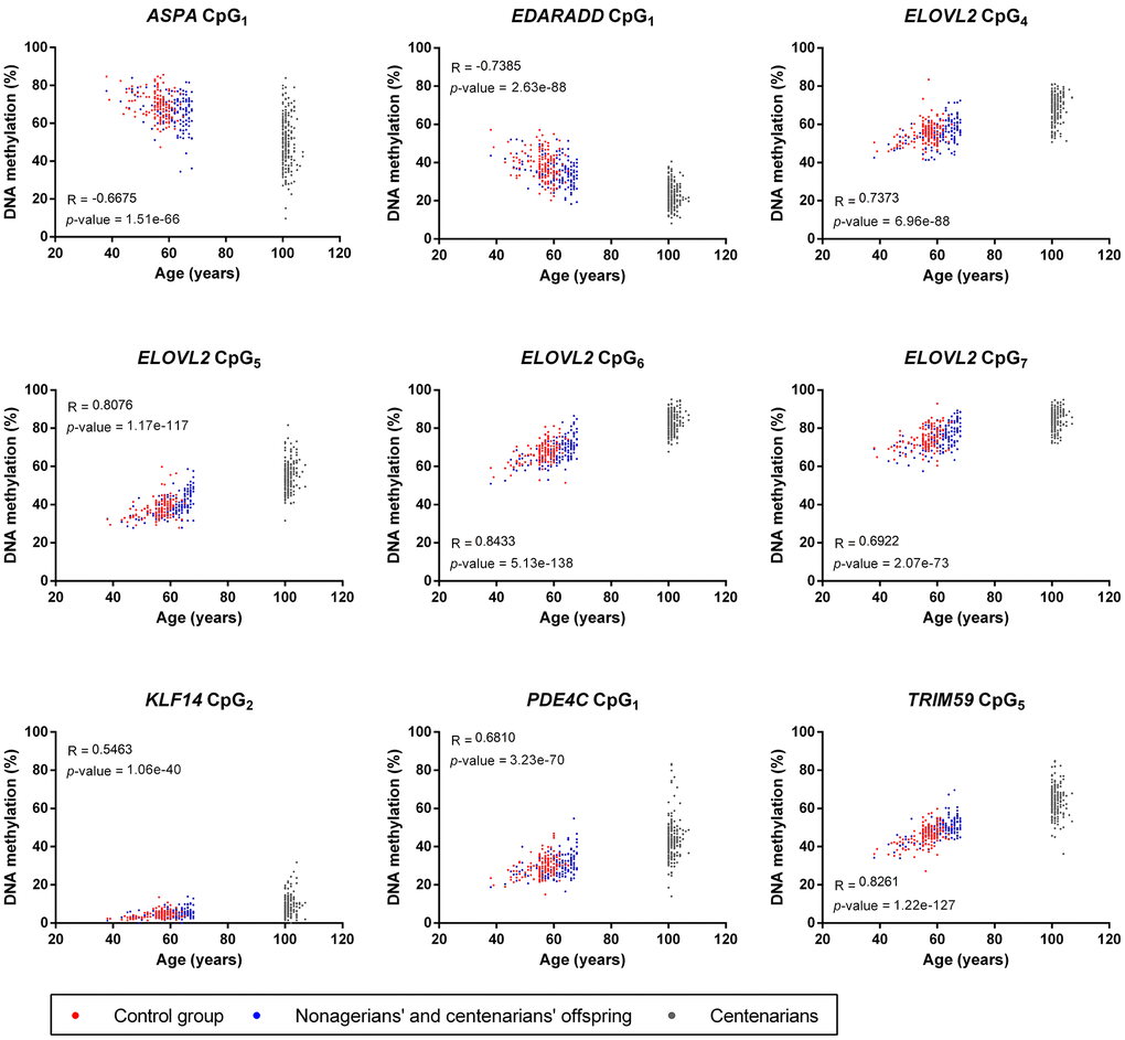 Correlation analysis between the chronological age and DNA methylation from the nine CpGs included in the four epigenetic clocks used in our study. For each CpGs, Pearson R coefficients and p-values are indicated on the graphs.