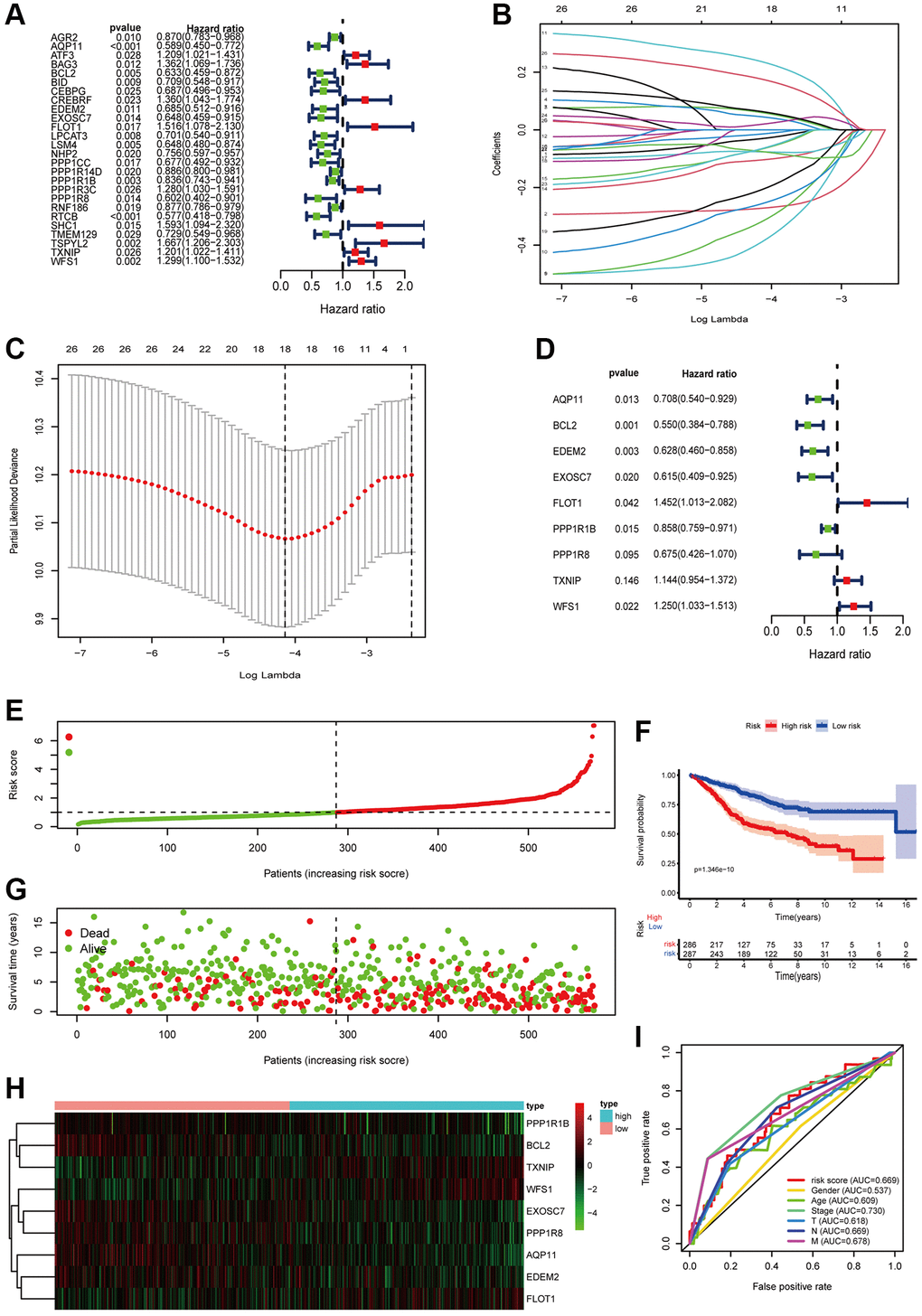 Construction of risk model in the GSE40967 cohort. (A) Univariate Cox regression analysis of ERSRGs associated with OS of COAD patients. (B) Lasso regression analysis of the ERSRGs based on univariate Cox regression analysis. (C) Cross-validation for tuning the parameter selection in the LASSO regression. (D) Multivariate cox regression analysis of the ERSRGs based on LASSO regression analysis. (E) Distribution of patients based on the risk score. (F) Kaplan-Meier curve of survival probability of patients in the high-risk group and low-risk group. Statistical tests were performed using the Chi-square test with statistical significance at P G) Survival time and survival status of patients with different risk scores. (H) The heatmap of the expression of prognostic ERSRGs between high-risk group and low-risk group. (I) ROC curve of risk score and other indicators.