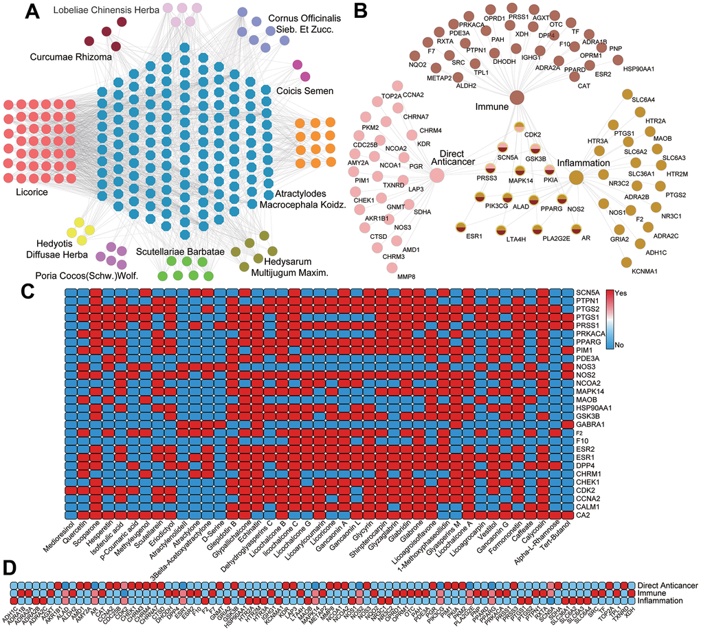 (A) The C-T network. Circles and octagons represent the chemicals from ten herbals and all their potential targets, respectively. (B) T-F network. 28 targets related to direct anticancer therapy 39 targets related to immunization therapy and 28 targets related to inflammation therapy. The overlapped targets in the middle are the common targets of all three therapies. (C) The heatmap of C-T interaction analysis. (D) The heatmap of T-F network analysis.