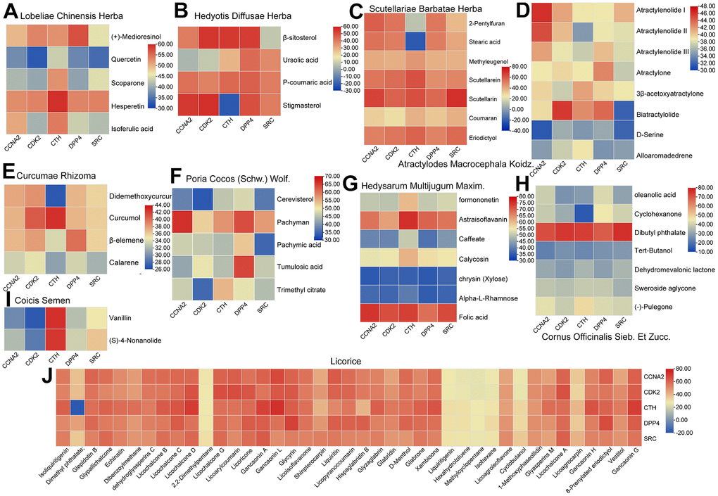 The heat map of the docking results between the active compounds of ten herbs and five hub targets. (A) Lobeliae Chinensis Herba. (B) Hedyotis Diffusae Herba. (C) Scutellariae Barbatae Herba. (D) Atractylodes Macrocephala Koidz. (E) Curcumae Rhizoma. (F) Poria Cocos (Schw.)Wolf. (G) Hedysarum Multijugum Maxim. (H) Cornus Officinalis Sieb. Et Zucc. (I) Coicis Semen (J) Licorice.