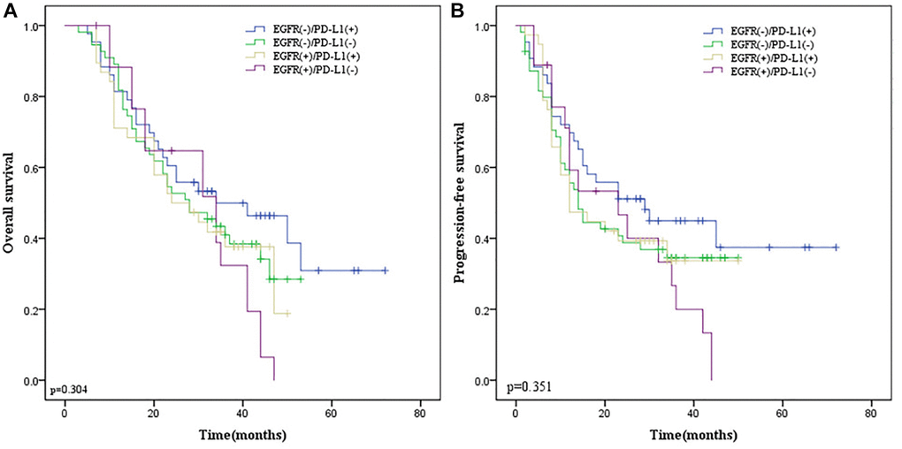 The Kaplan-Meier survival curves in ESCC patients receiving esophagectomy. (A) OS survival curves according to EGFR and PD-L1 co-expression. (B) PFS survival curves according to EGFR and PD-L1 co-expression. Blue line indicates EGFR (−)/PD-L1(+); green line indicates EGFR (−)/PD-L1(−); yellow line indicates EGFR (+)/PD-L1(+); purple line indicates EGFR (+)/PD-L1(−).