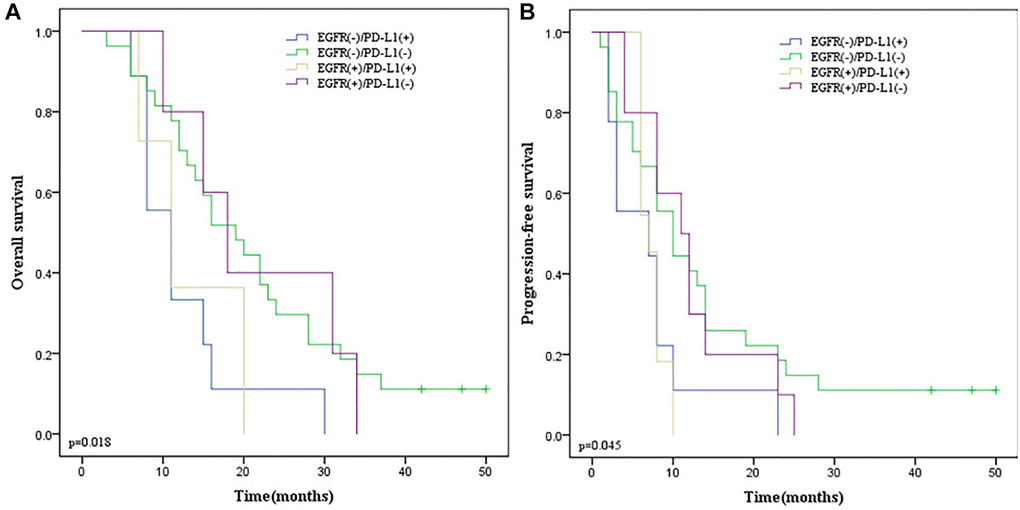 The Kaplan-Meier survival curves in ESCC patients without esophagectomy. (A) OS survival curves according to EGFR and PD-L1 co-expression. (B) PFS survival curves according to EGFR and PD-L1 co-expression. Blue line indicates EGFR (−)/PD-L1(+); green line indicates EGFR (−)/PD-L1(−); yellow line indicates EGFR (+)/PD-L1(+); purple line indicates EGFR (+)/PD-L1(−); Abbreviations: ESCC: Esophageal Squamous Cell Carcinoma; OS: overall survival; EGFR: Epidermal Growth Factor Receptor; PD-L1: programmed death-ligand 1; PFS: Progression Free Survival.