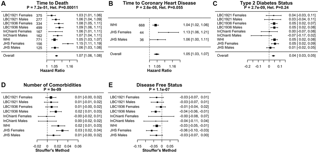 Meta-analysis forest plots for FitAgeAcceleration to age-related conditions adjusted for age and sex. Each panel reports a meta analysis forest plot for combining hazard ratios or regression coefficients across dataset cohorts. (A) Time-to-death with number of events, (B) time-to-coronary heart disease with number of events, (C) type 2 diabetes, (D) comorbidity count, and (E) disease free status. Meta-analysis p-values are displayed in the header of each panel, and test of heterogeneity Cochran Q test p-value (Het. P) are displayed for fixed effect models. Fixed effects models were used for (A–C) and Stouffer’s method was used for (D, E).