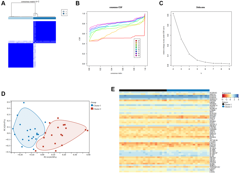 Recognition of immune modulation patterns in SCI. (A–C) Clustering matrix plot at k = 2 via unsupervised clustering analysis; (D) PCA analysis of immune modulation patterns; (E) Heat map showing the expression of important IRGs.