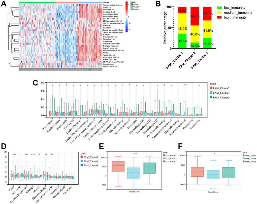 TME cell infiltration characteristics in distinct FAM clusters. (A) ssGSEA showed three distinct immunity phenotypes were identified in METABRIC-TNBC cohort. (B) The rate of different immunity phenotypes among different FAM clusters. (C) Cibersort revealed the abundance of each TME infiltrating cells among different FAM clusters. (D) MCPcounter revealed the abundance of each immune infiltrating cell types among different FAM clusters. (E, F) ESTIMATE analysis exhibited the diversity of the immune (E) and stromal score (F) among different FAM clusters.