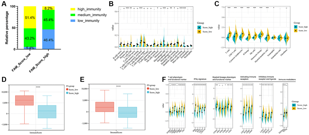 TME cell infiltration characteristics in distinct FS subgroups in METABRIC-TNBC cohort. (A) The rate of different immunity phenotypes between the low- and high FS groups. (B) Cibersort revealed the abundance of each TME infiltrating cells between the low- and high-FS groups. (C) MCPcounter revealed the abundance of each immune infiltrating cell types between the low- and high-FS groups. (D, E) ESTIMATE analysis exhibited the diversity of the immune (D) and stromal score (E) between the low- and high-FS groups. (F) The expression of immune profiles between the low- and high-FS groups in METABRIC-TNBC cohort.