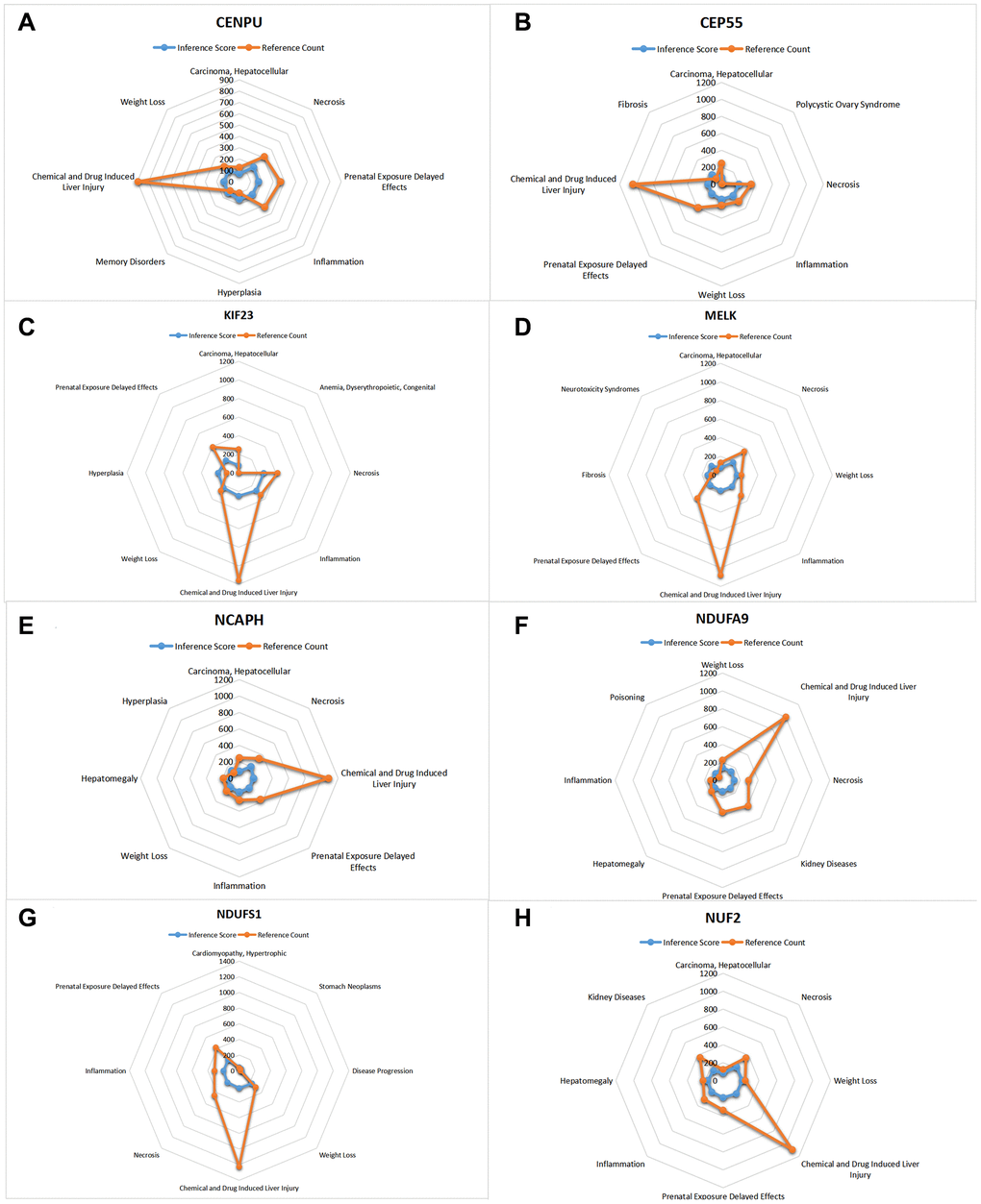 CTD analysis. The list of core genes was entered into the CTD website. (A) CENPU; (B) CEP55; (C) KIF23; (D) MELK; (E) NCAPH; (F) NDUFA9; (G) NDUFS1; (H) NUFE.