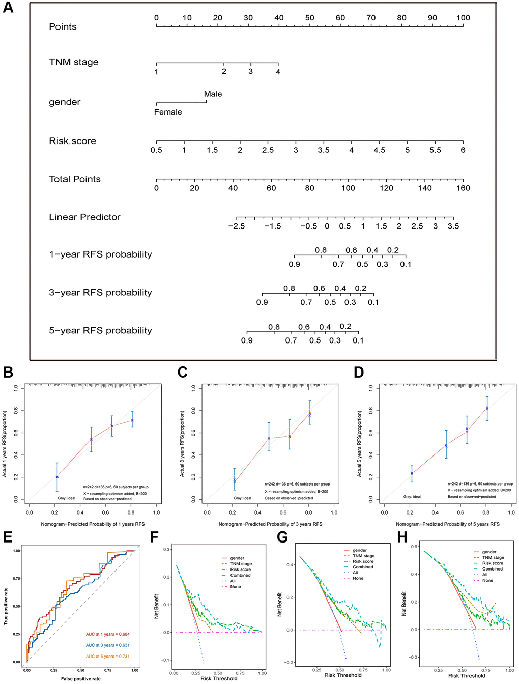 Nomogram, calibration plot, and DCA curves. (A) Nomogram assembled from the training set to predict 1-, 3-, and 5-year recurrence-free survival probability. (B–D) The calibration plot of the nomogram for predicting the recurrence-free survival probability at 1- (B), 3- (C), and 5-year (D). (E) The time-dependent ROC curves of the nomogram for predicting the recurrence-free survival at 1-, 3-, and 5-year. (F–H) DCA curve shows that the combined model exhibited the highest net benefit for 1- (F), 3- (G), and 5-year (H) RFS prediction.