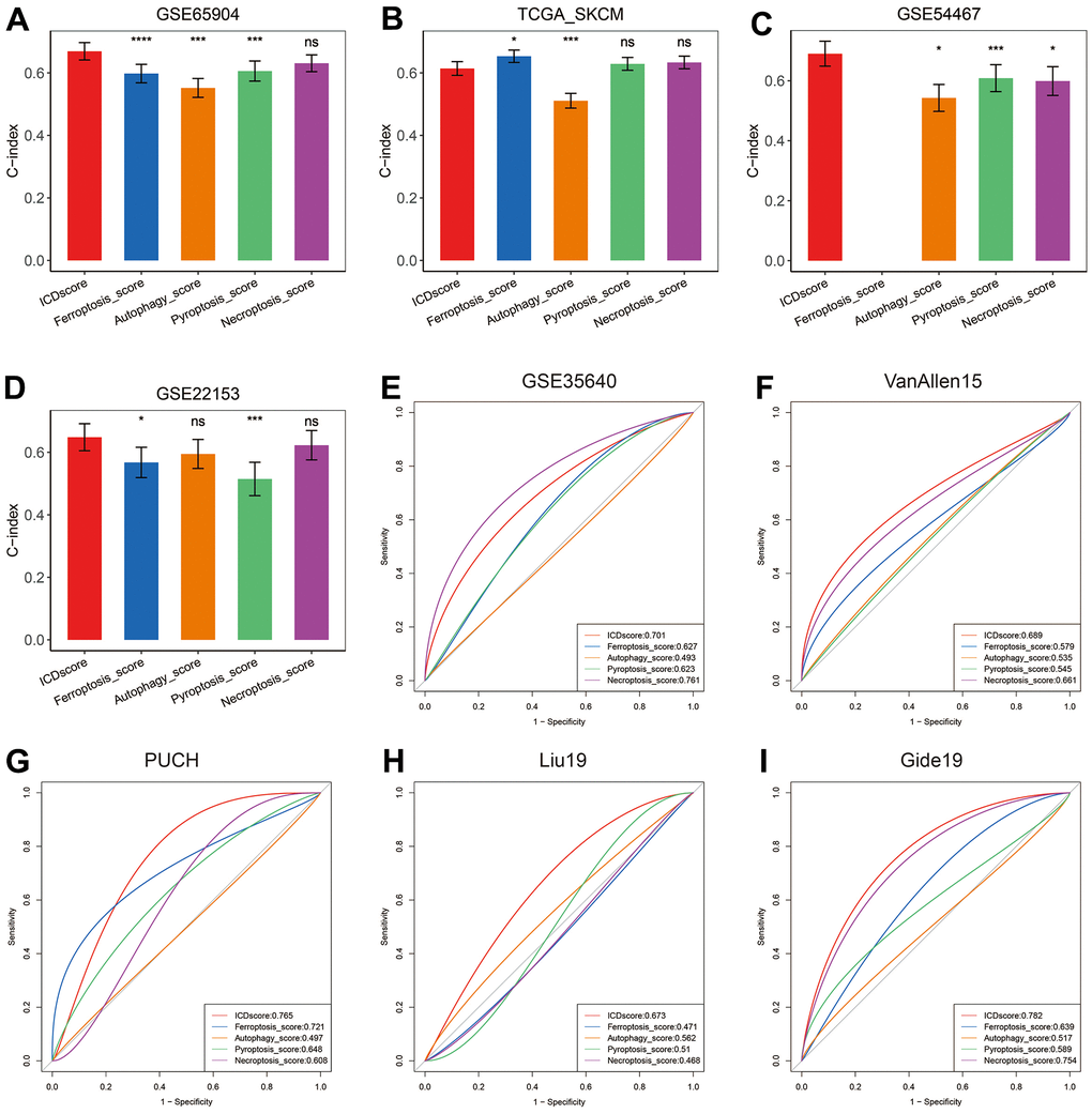 Comparison between ICDscore and other forms of cell death-based signatures. (A–D) The performance of ICDscore was compared with other forms of cell death-based signatures in predicting prognosis in the GSE65904 (A), TCGA-SKCM (B), GSE54467 (C), and GSE22153 (D) datasets. Statistic tests: two-sided z-score test. Data were presented as mean ± 95% confidence interval [CI]. (E–I) The performance of ICDscore was compared with other forms of cell death-based signatures in predicting immunotherapy efficiency in GSE35640 (E), VanAllen15 (F), PUCH (G), Liu19 (H), and Gide19 (I) cohorts. Ns, not significant; *p 