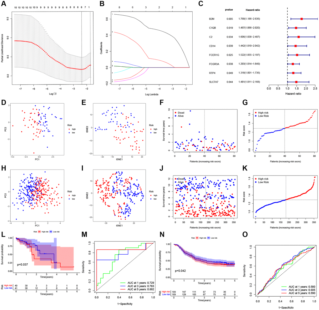 Construction of a prognostic ESCC model. (A) Distribution of LASSO coefficients for eight genes. Two vertical lines represent lambda. min and lambda. Lse. (B) Coefficients for eight genes analyzed by LASSO. (C) The hazard ratio of univariate Cox analysis for pyroptosis-related DEGs. (D) PCA plot for ESCC based on the risk score in TCGA. (E) tSNE plot for ESCC based on the risk score in TCGA. (F, G) Distribution of risk score, survival status in TCGA. (H) PCA plot for ESCC based on the risk score in GEO. (I) tSNE plot for ESCC based on the risk score in GEO. (J, K) Distribution of risk score, survival status in GEO. (L) Survival analysis to verify the prognostic model in TCGA. (M) Time-dependent ROC curves for ESCC in TCGA. (N) Survival analysis to verify the prognostic model in GEO. (O) Time-dependent ROC curves for ESCC in GEO.