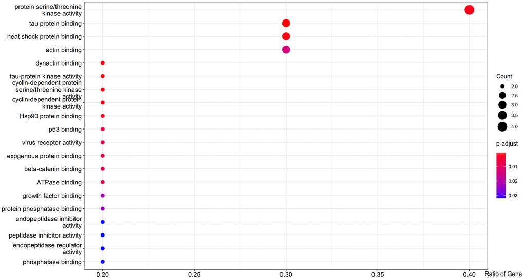 All core targets were used for GO functional enrichment analysis, and biological processes of genistein anti-cancer activity against CRC were revealed in bubble graphs.