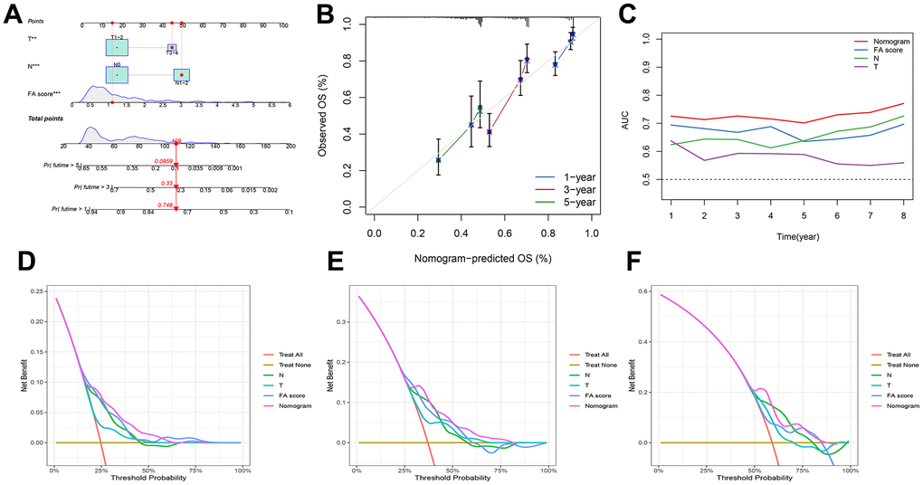 Development of a nomogram by integrating the FA score and clinicopathological characters in TCGA-LUAD cohort. (A) Nomogram for predicting the 1-, 3-, 5-years OS. (B) Calibration curve of the nomogram for predicting the 1-, 3-, and 5-years OS. (C) ROC curve for predicting the different years’ OS. (D–F) Decision curves showing the comparison of net benefits of the nomogram, N, T and FA score for 1-, 3-, and 5-years OS.