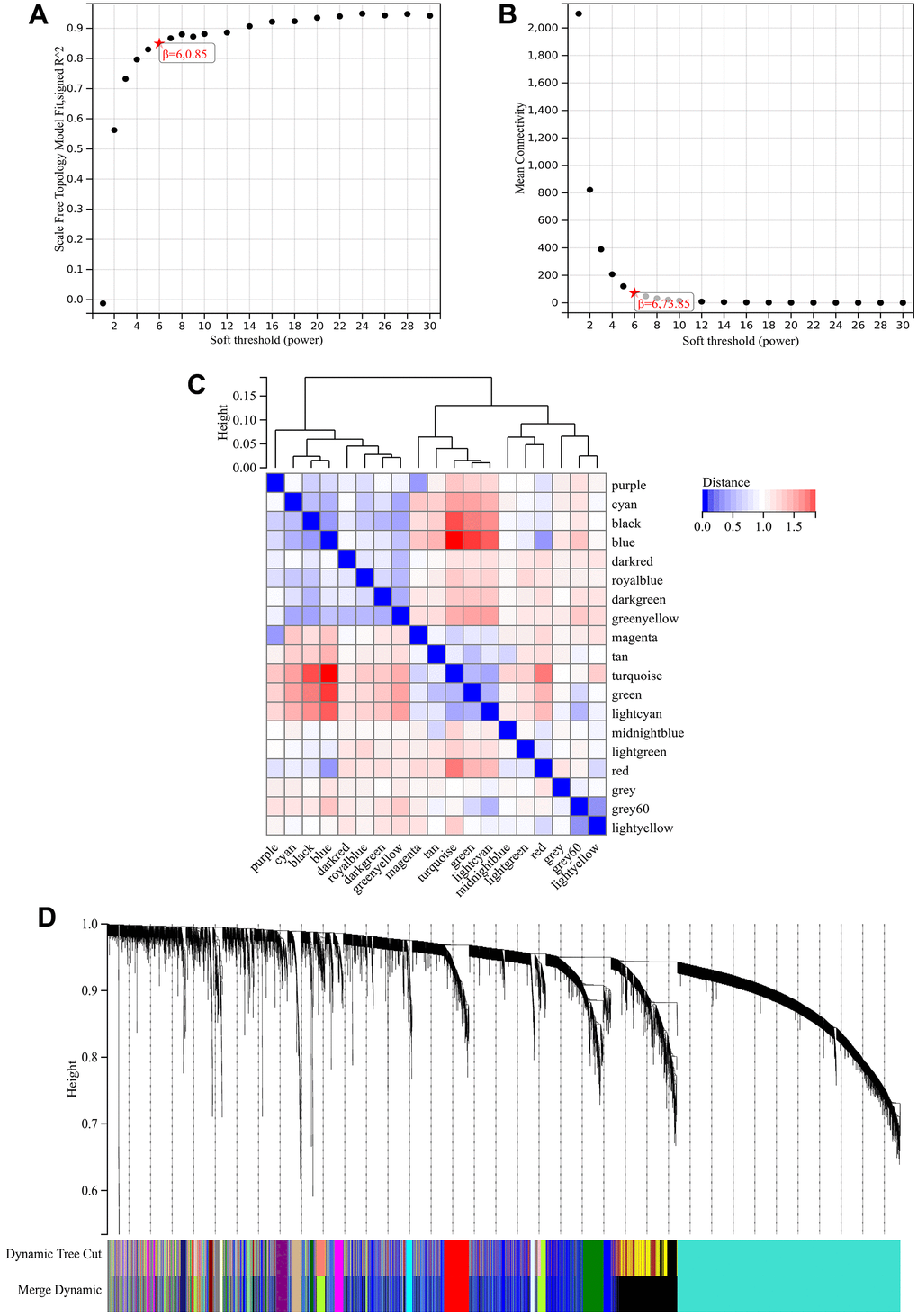 WGCNA. (A) β=6, 0.85. (B) β=6, 73.85. (C, D) A hierarchical clustering tree of all genes was constructed, important modules were generated, and the interactions between these modules were then analyzed.