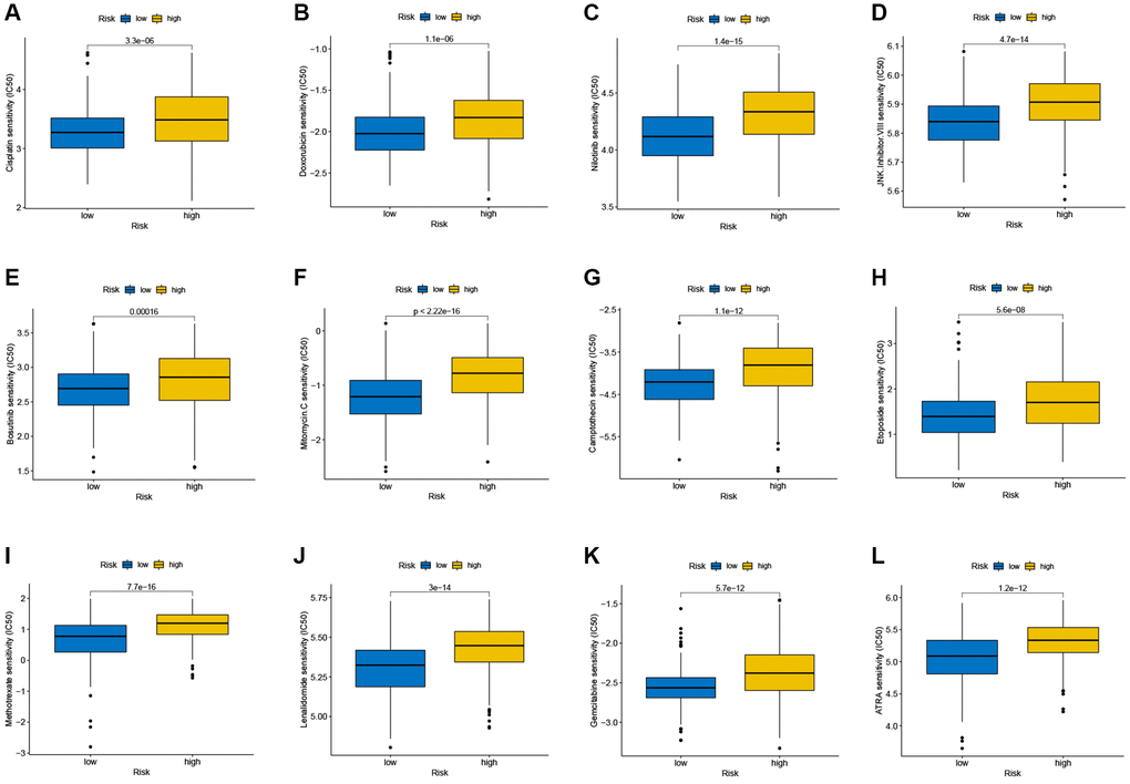 (A–L) Therapeutic drugs showed significant differences in IC50 between the high- and low-risk groups.