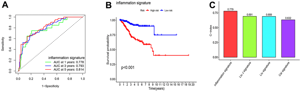 The comparison between model for IRGs and the existing model for signatures. (A, B) Survival curves and ROC curves of high and low risk groups in the model constructed by us. (C) C-index comparison of inflammatory models with other models.