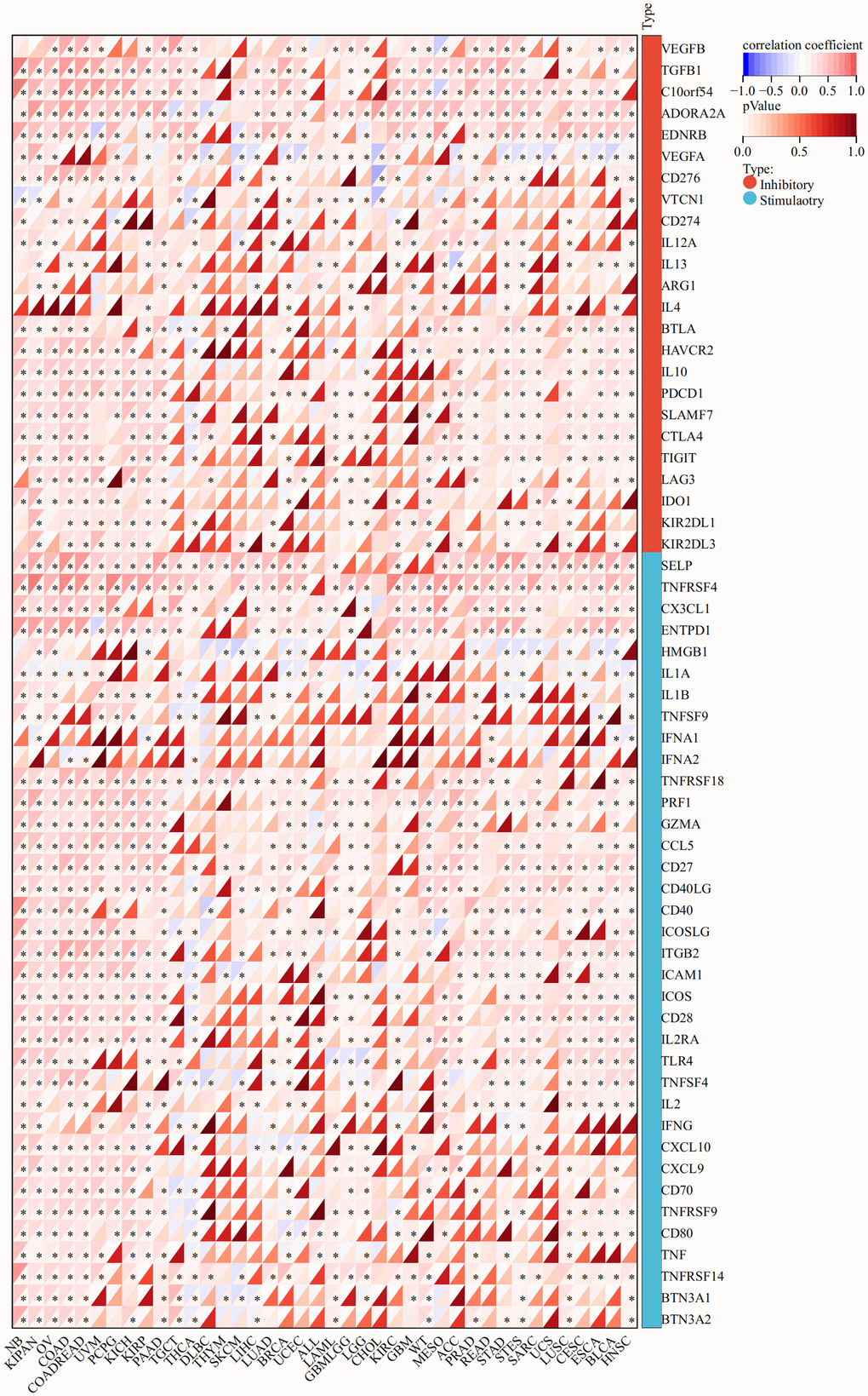 The association heatmaps between CLDN5 expression and immune checkpoints genes expression in 33 tumors *P 