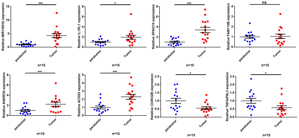 Validation of the expression of key genes in human tissues. The qRT-PCR results showing expression level of the 8 key genes. *p