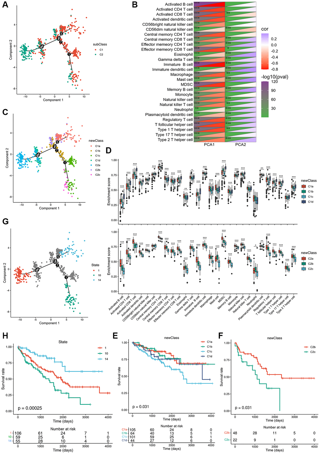 Immune landscape of ccRCC. (A) Immune landscape of ccRCC. (B) Heat map of two principal components with 28 immune cell signatures. (C) Immune landscape of the subsets of ccRCC immune subtypes. (D) Differential enrichment scores of 28 immune cell signatures in the above subsets. (E, F) The prognostic status of each subset of C1 and C2 separately. (G) Immune landscape of samples from three extreme locations and (H) their prognostic status. *padj **padj ***padj 