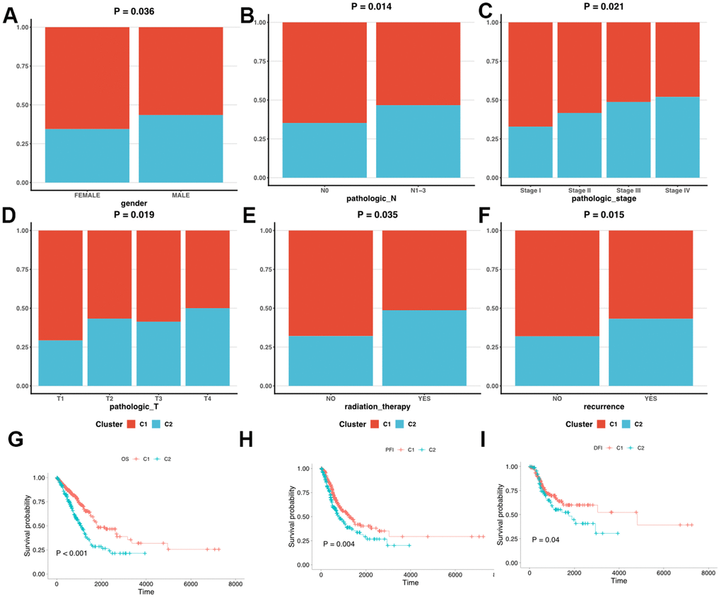 Clinicopathologic characteristics and survival status in C1 and C2. (A–F) The different clinicopathologic characteristics between C1 and C2. (G–I) Survival analysis of C1 and C2.